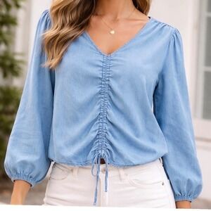 Small Blue Denim Chambray Long Sleeve Ruched V Neck Tunic Top Women